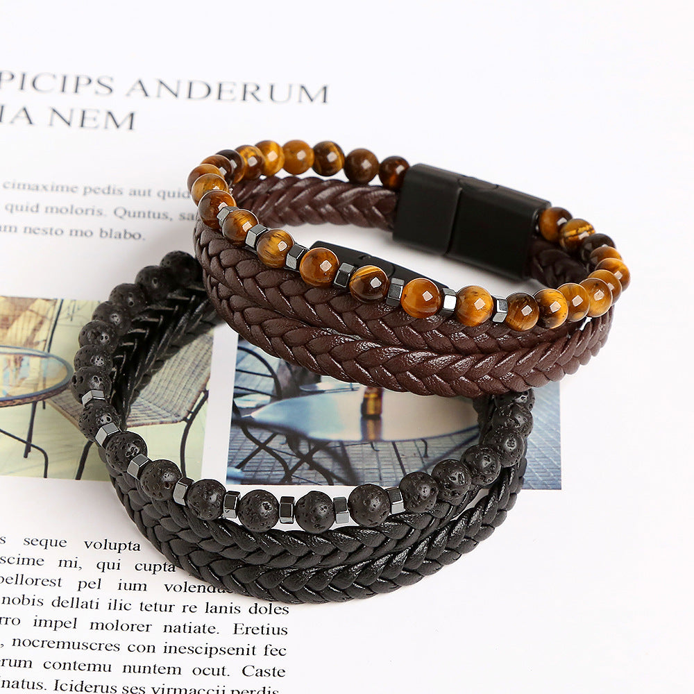 Men's Handmade Woven Tiger Eye Natural Stone Alloy Bracelets