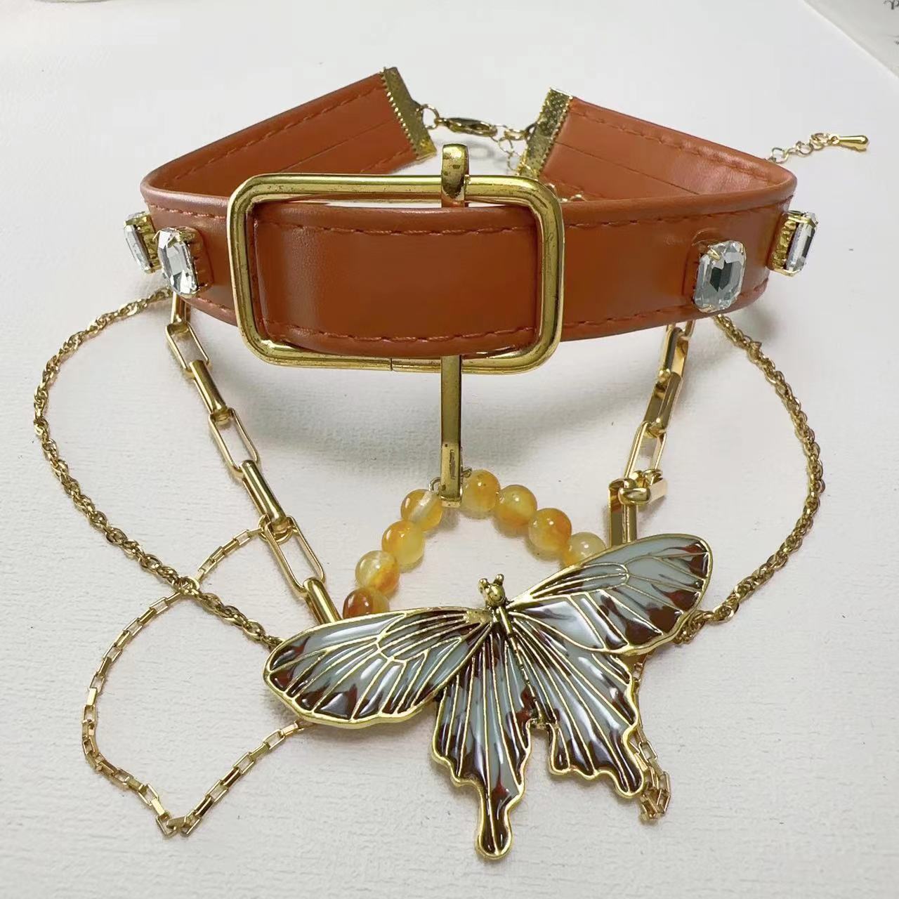 Trendy Cool Hot Butterfly Tassel Diamond Leather Chain Necklaces