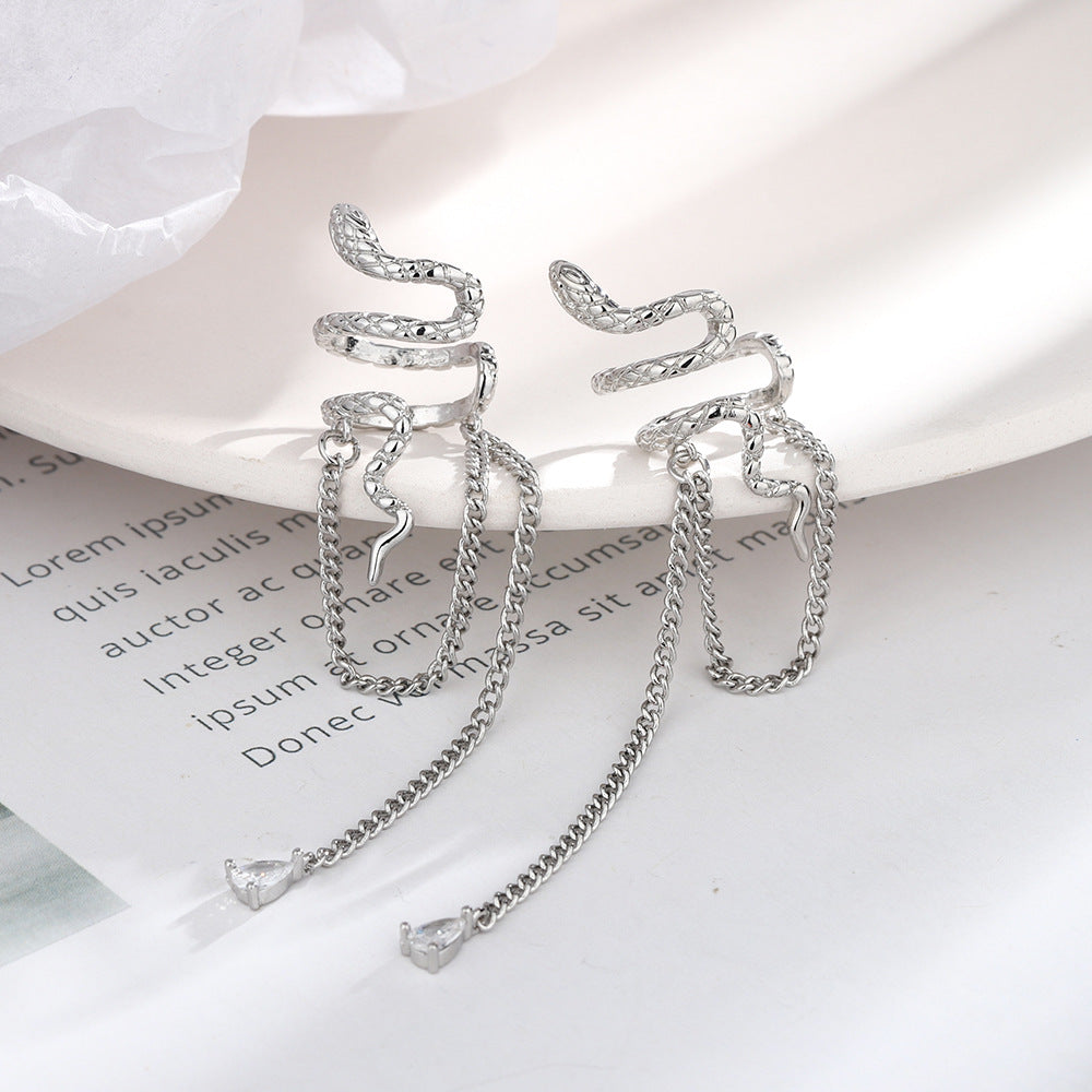 Long Tassel Snake-shaped Without Piercing Personality Snake Water Drop Zircon Ear Clip