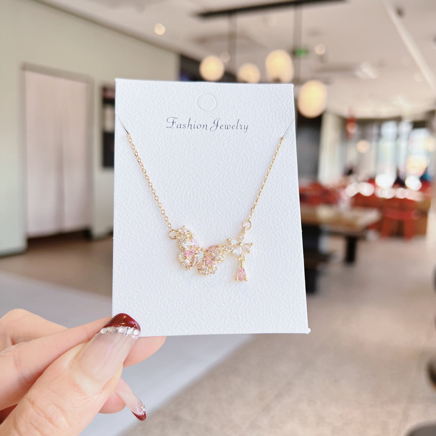 Luxury Sweet Super Pink Flowers Water Drop Female Fully Jeweled Necklace