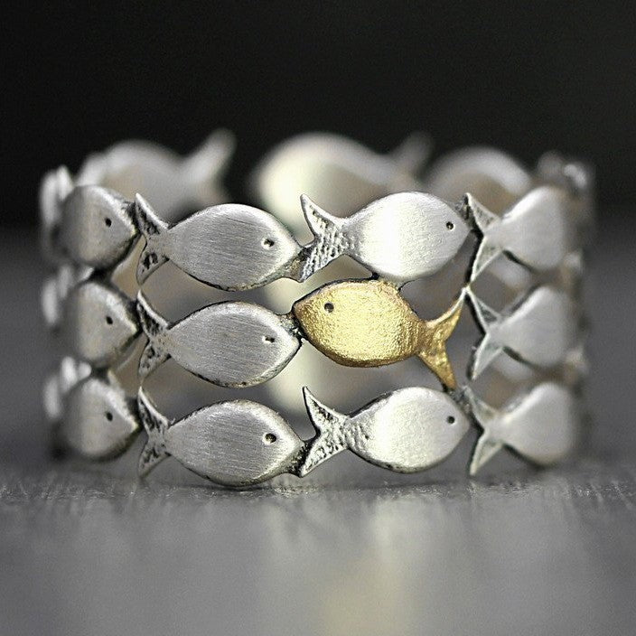 Handmade Open Two-color Mesh Shape Fish Ring