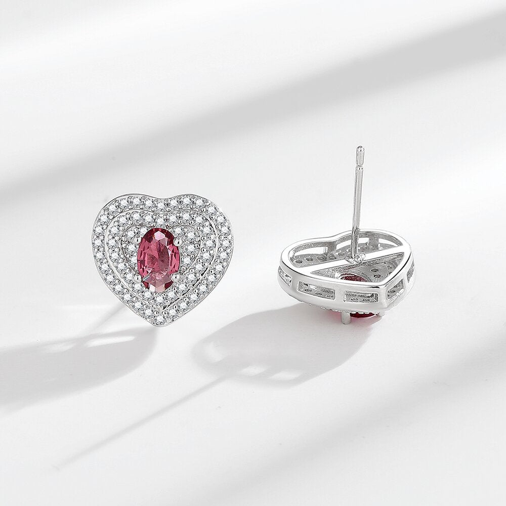 Imitation Ruby Love Sier Plated Pin Earrings