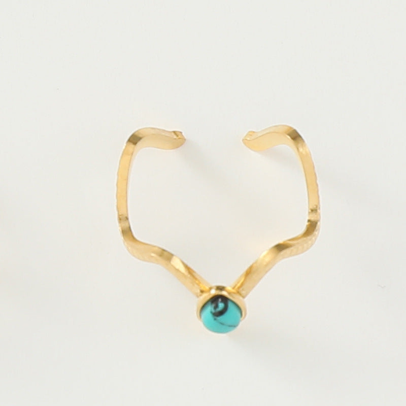 Stainless Steel Ladies Natural Stone Turquoise Shank Retro Ring