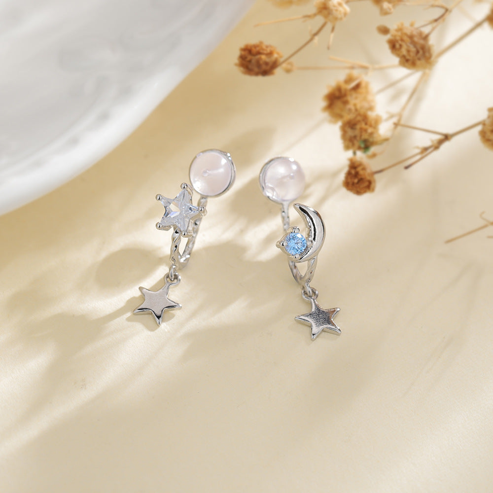 Women's Fresh Blue Dream Planet Asymmetric Zircon Star Moon Earrings