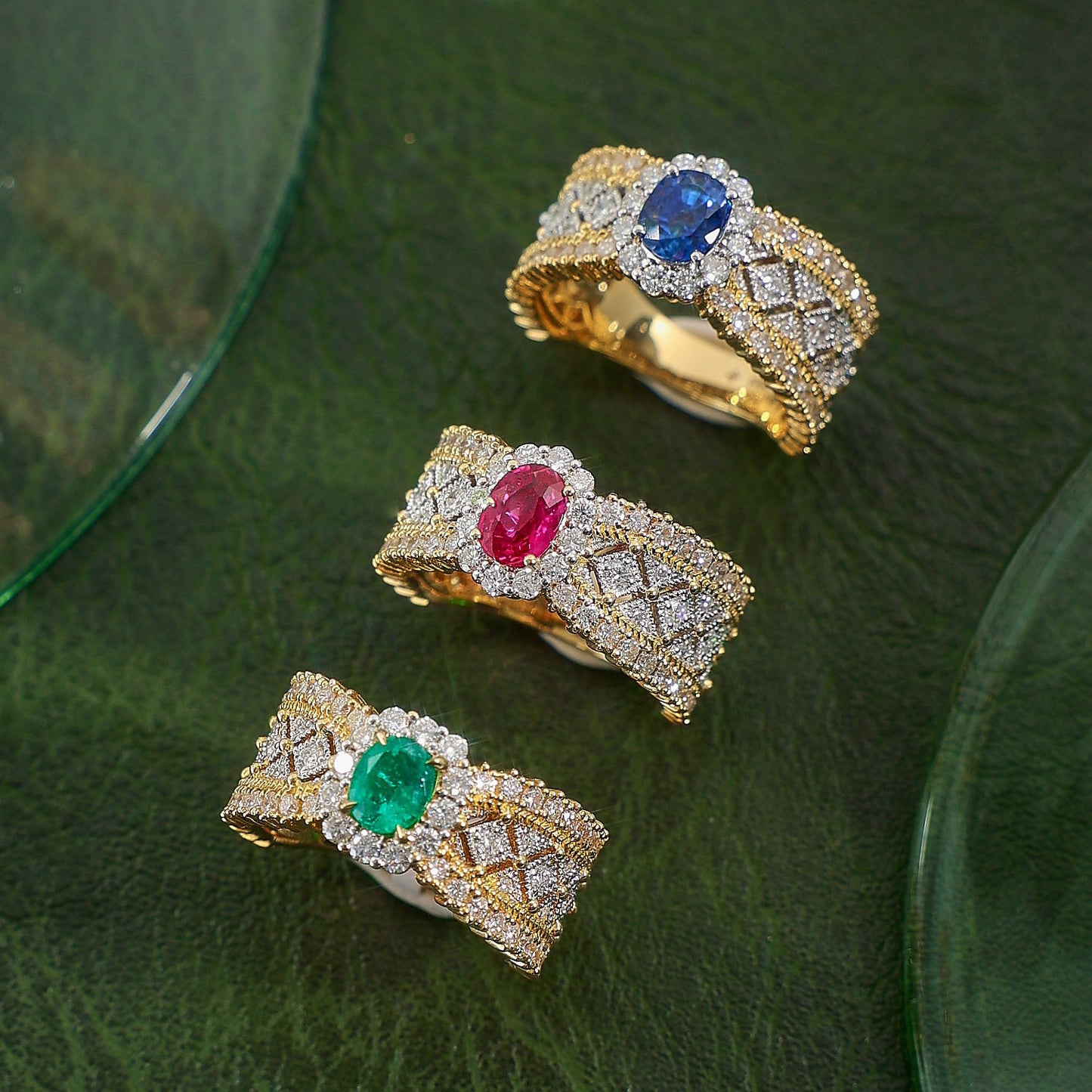 Carved Gold Lace Diamond Emerald Colored Rings