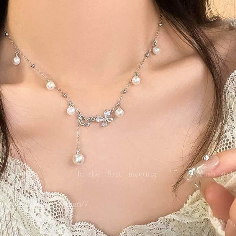 Women's Pearl Butterfly Tassel Sweater Light Luxury Clavicle Necklace