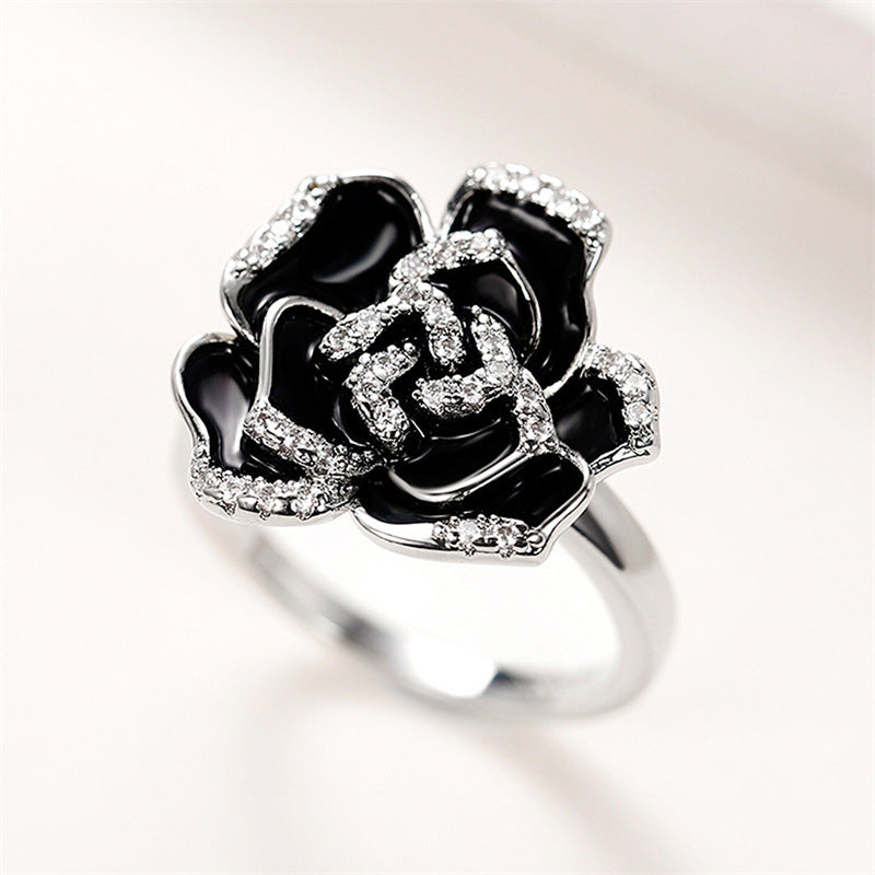 Bagues élégantes rétro en émail et Zircon pour femmes, uniques, fleur de Rose noire