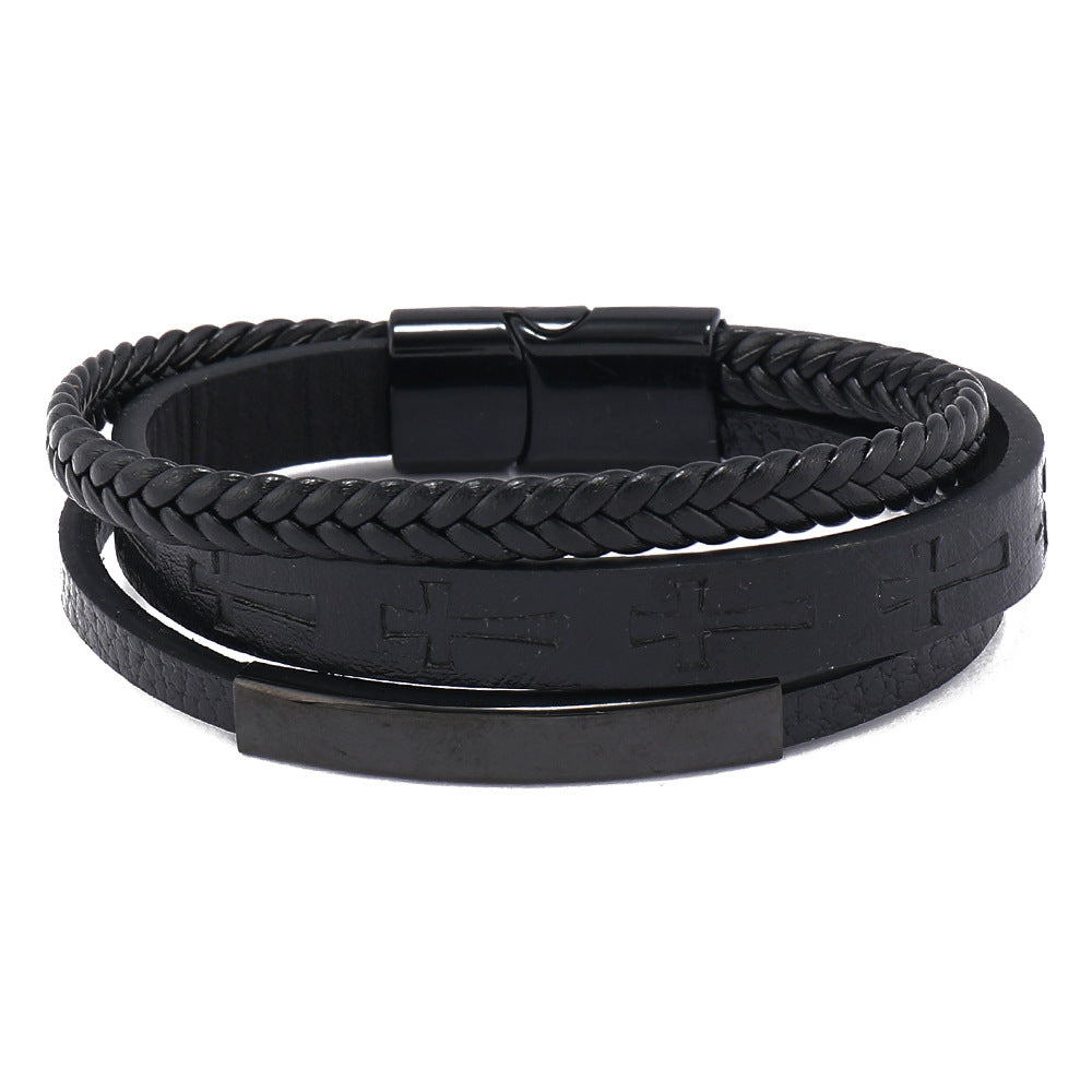 Men's Vintage Cross Leather Weaving Hand Rope Straight Bracelet