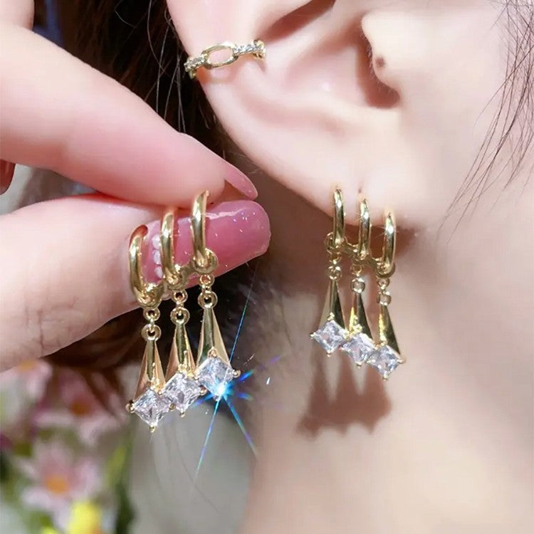 Three Rows Ear Personality Tassel Shiny Diamond Female Stud Earrings
