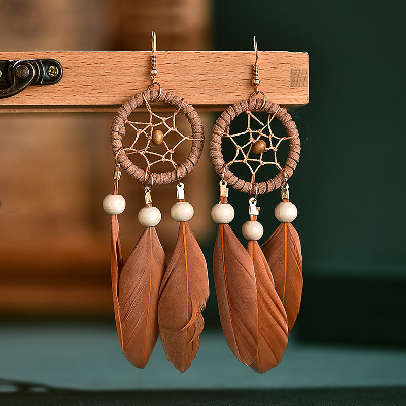 Bohemian Feather Niche Design Red Chinese Style Earrings