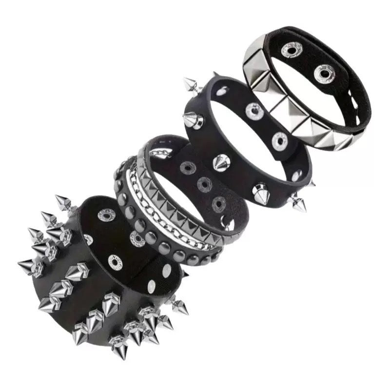 Punk Exaggerated Tapered Pointed Rivet Three Rows Leather Bracelets