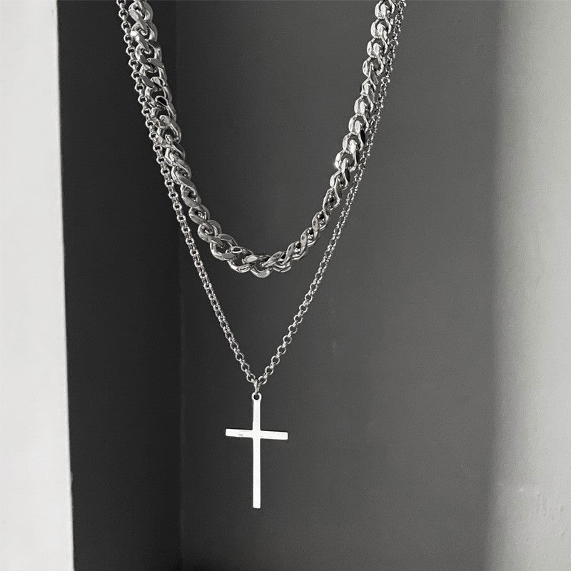 Men's Titanium Steel Cross Hip Hop Twin Necklaces