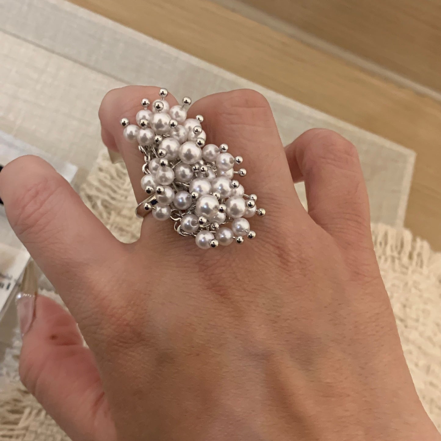 Women's Light Luxury Handmade Woven Crystal Tassel Exaggerated Sier Water Ring