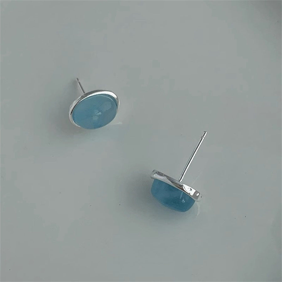 Women's Oval Aquamarine For Sterling Sier Temperamental Frosty Style Design Stud Earrings