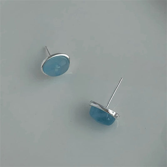 Women's Oval Aquamarine For Sterling Sier Temperamental Frosty Style Design Stud Earrings