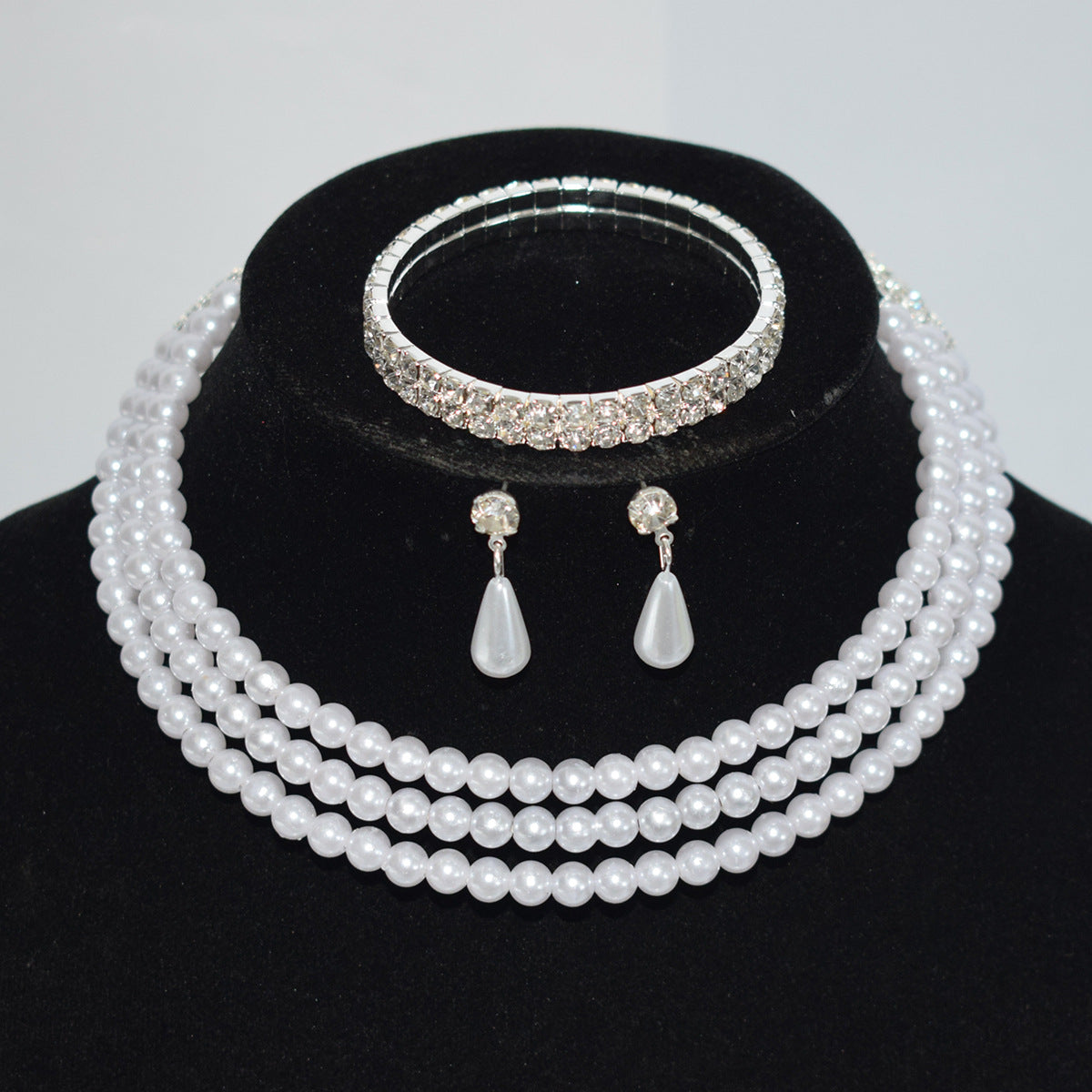 Pearl Diamond Collar Bridal Rhinestone Three-piece Jewelry Set