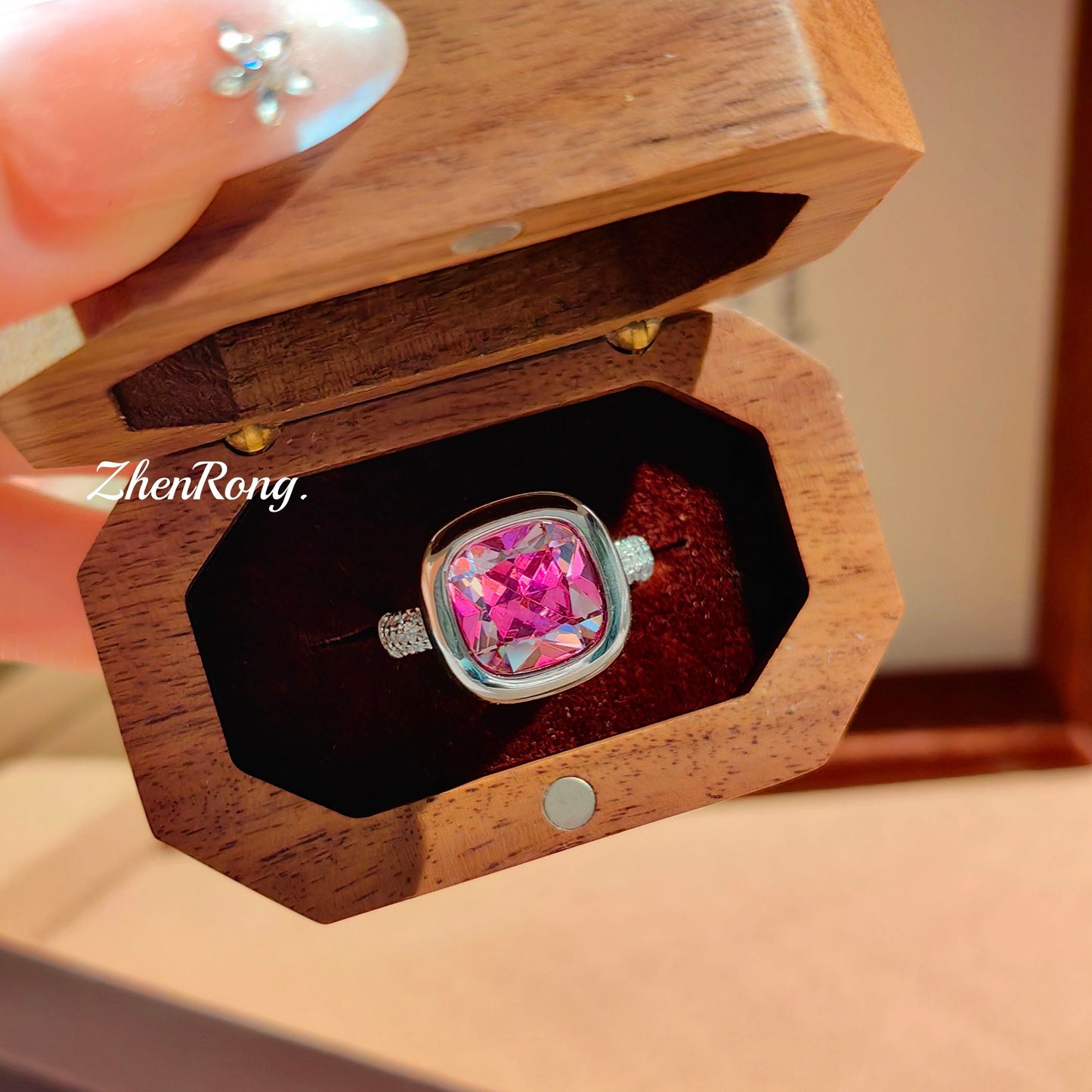 Women's Luxury French Small Square Sugar Cube Ear Aquamarine Plump Rose-red Jewelry Set