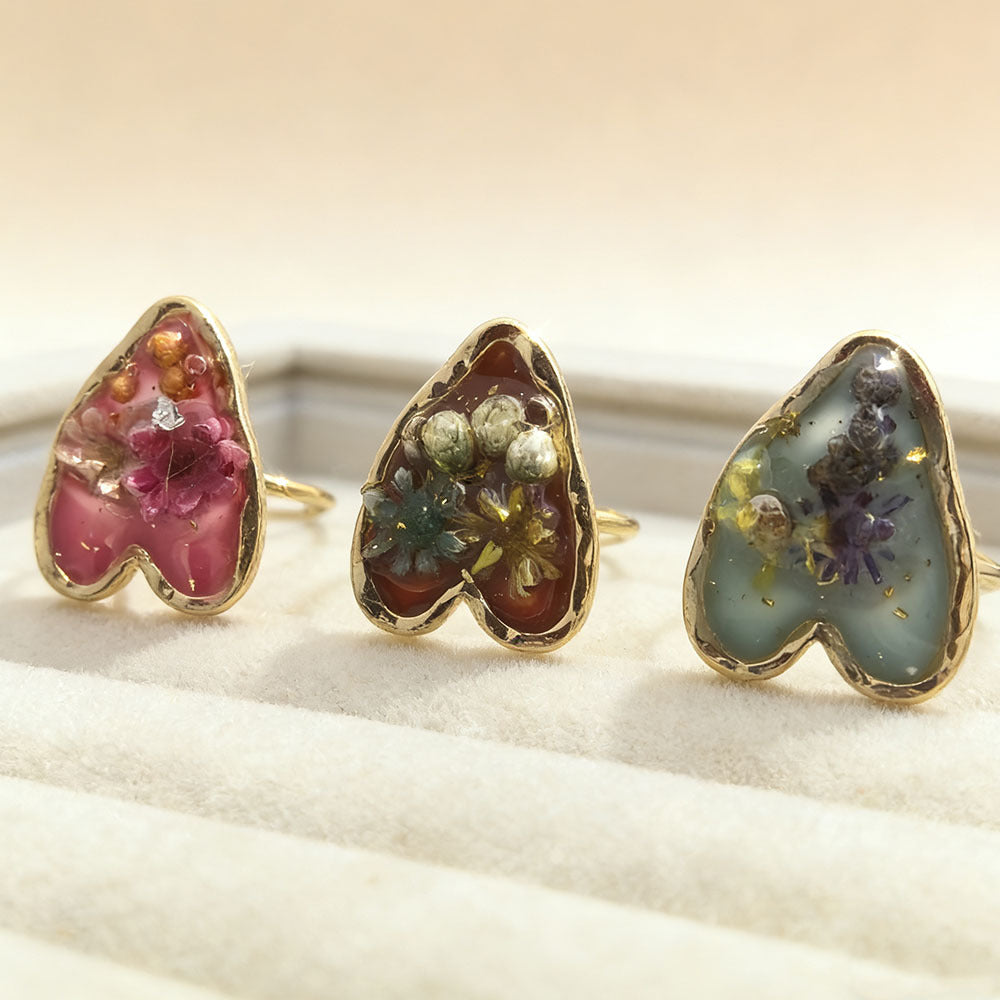 Dried Flowers Gypsophila Peach Heart Square Resin Stainless Steel Open Ring