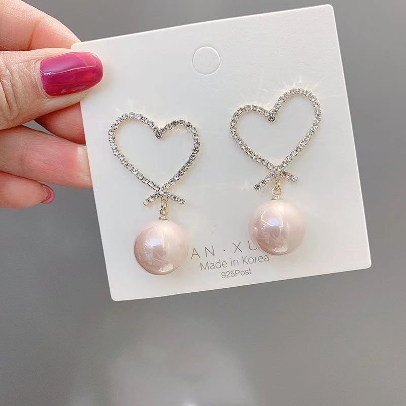 Boucles d'oreilles de tempérament pour femmes, grandes perles, avec cœurs