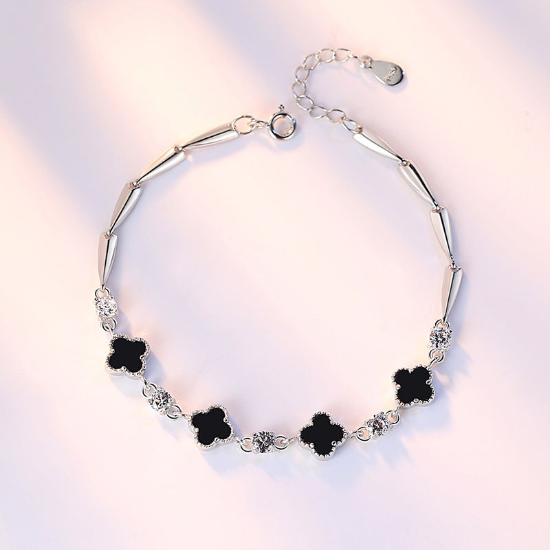 Sterling Sier Clover Black Agate Female Bracelets