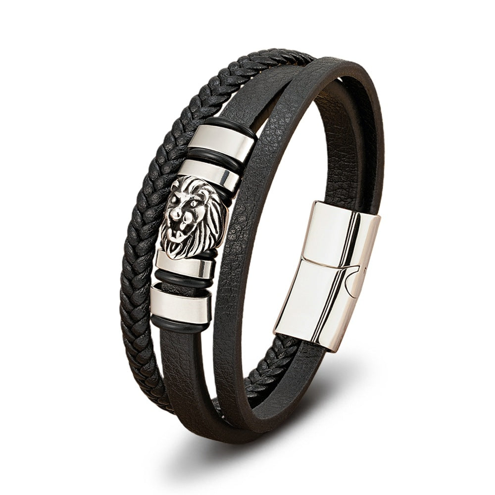Men's Lion's Head Stainless Steel Authentic Leather Weave Bracelet