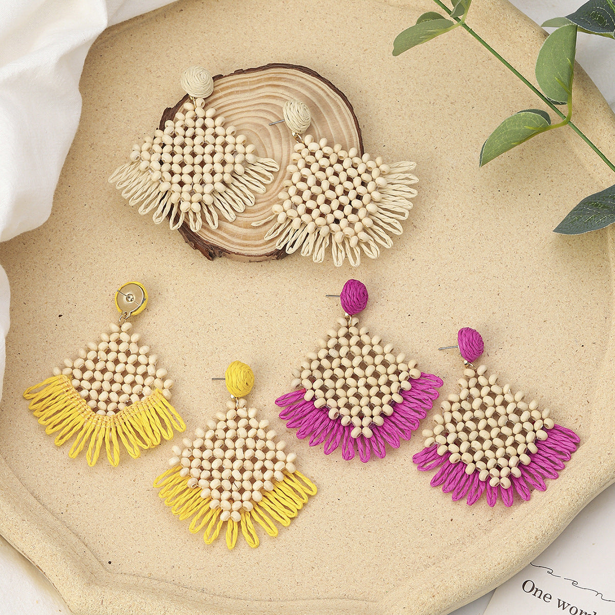 Geometric Round Hand-woven Pendant Bohemian Raffia Rings