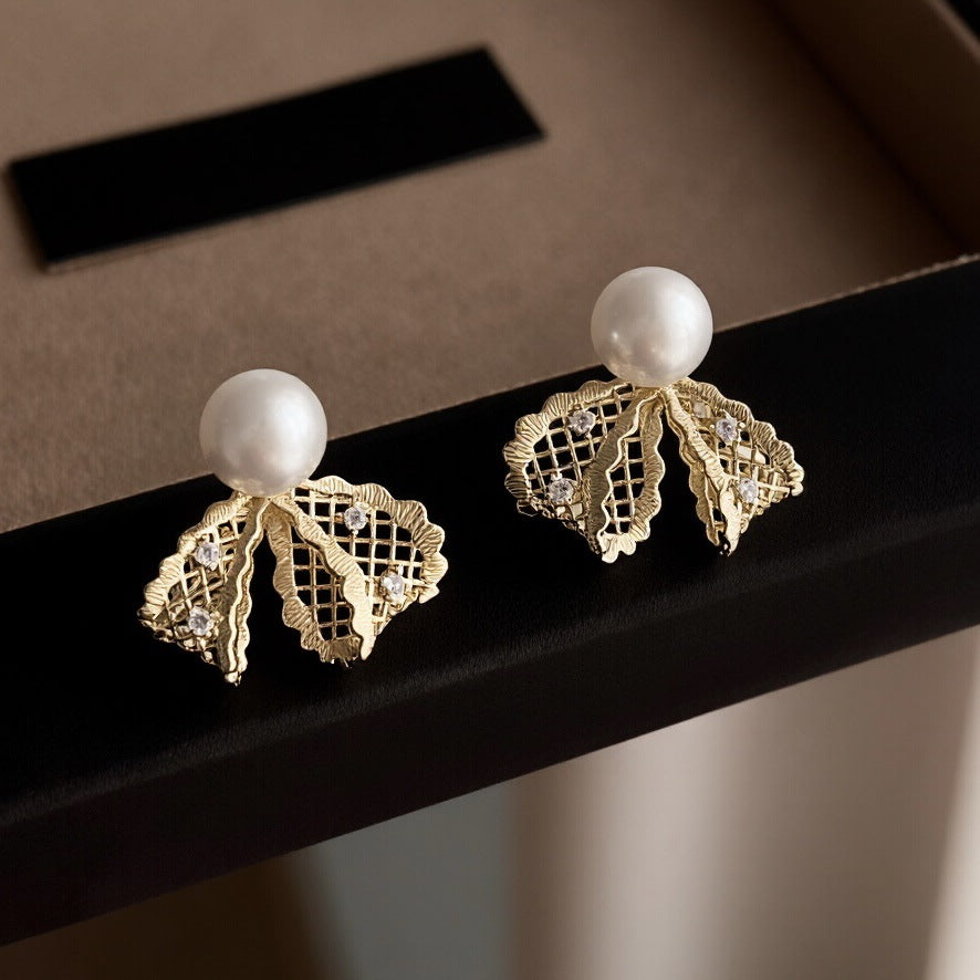 Golden Lace Bow Imitation Pearl Light Luxury High Sense Niche Stud Earrings