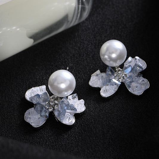 Blue Sweet Bow Pearl Female Graceful Earrings