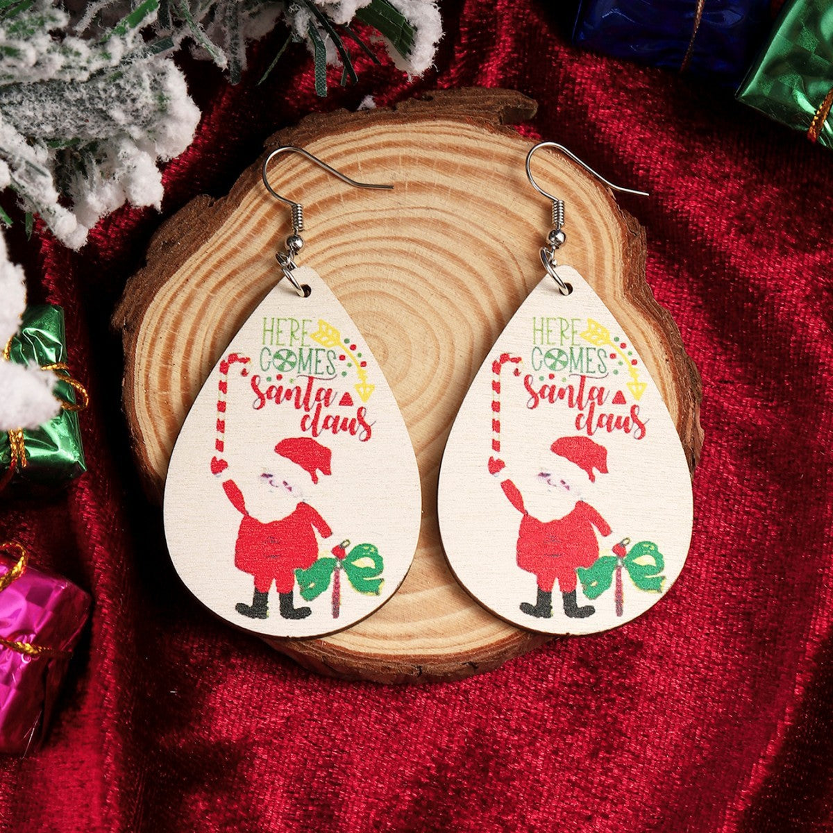 Creative Color Painted Bell Christmas Wooden Earrings