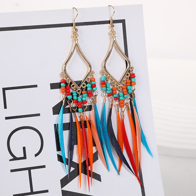 Bohemian Feather Rhombus Dopamine Summer Seaside Ethnic Earrings