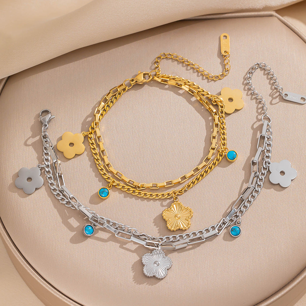 Women's Stainless Steel Gold-plated Laser Twin Five-leaf Bracelets