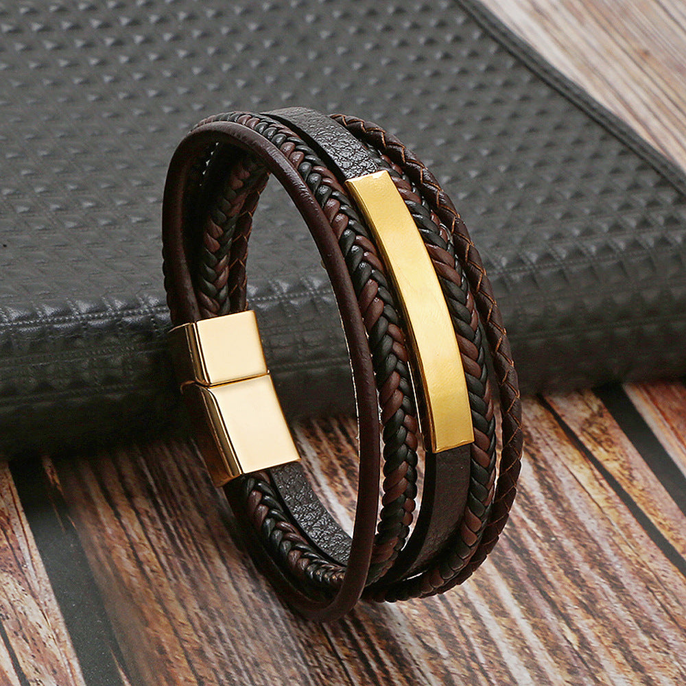 Men's Leather Retro Woven Stainless Steel Magnetic Bracelets