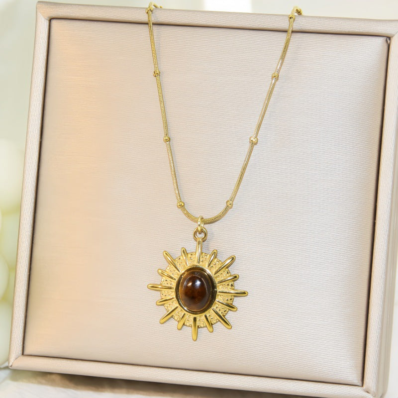 Women's Tigereye Round Titanium Steel Style Clavicle Chain Personalized Minority Design Pendants