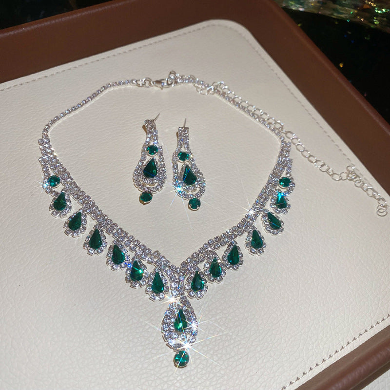 Flower Female Emerald Vintage Clavicle Chain Earrings