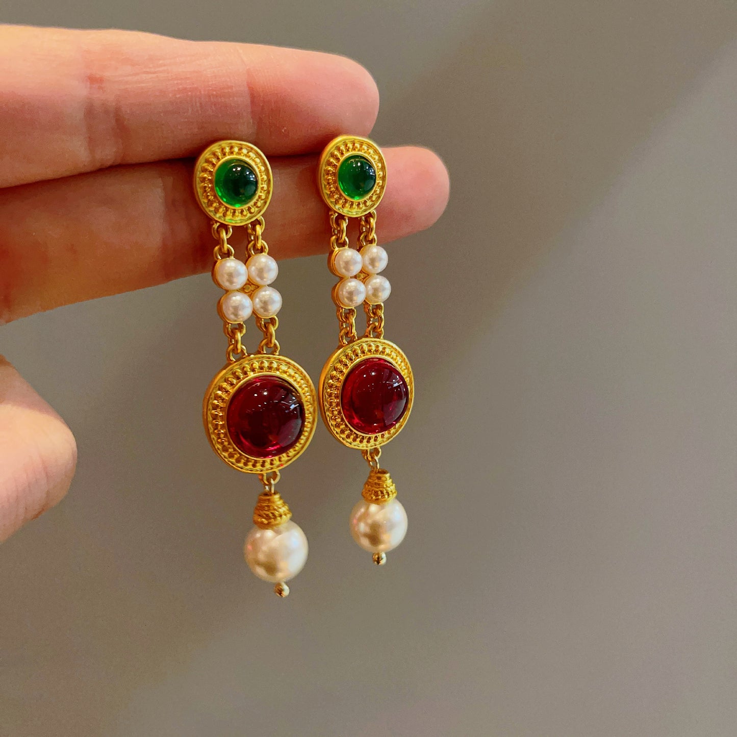 Gold Ancient Style Colored Glaze Pearl Exaggerated Temperamental Personalized Earrings