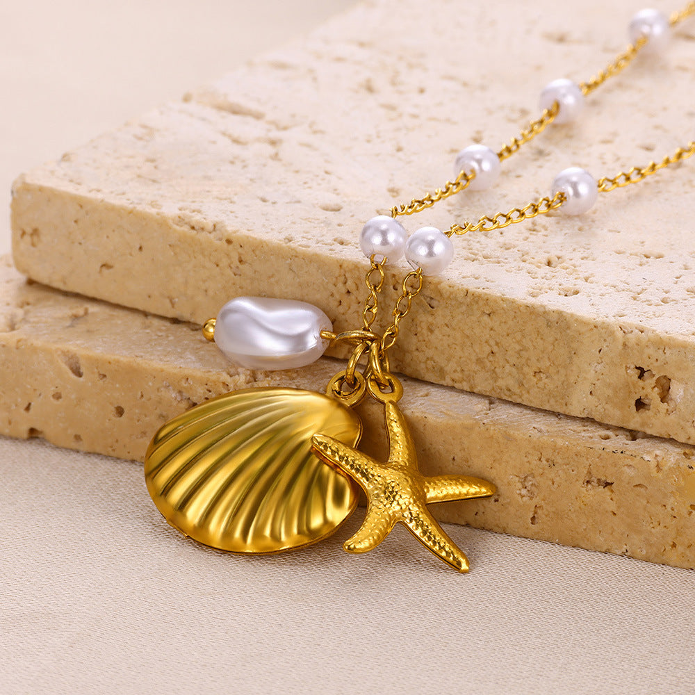 Small Conch Stainless Steel Shell Starfish Ocean Vacation Necklace