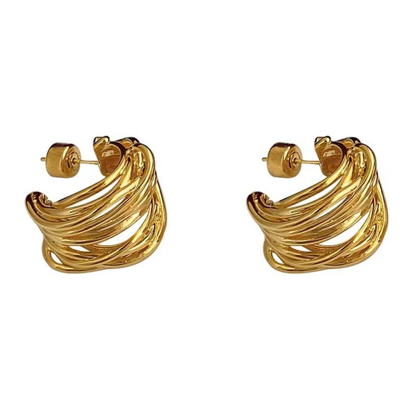 Winding Metal Female Sier Needle Hollow Earrings