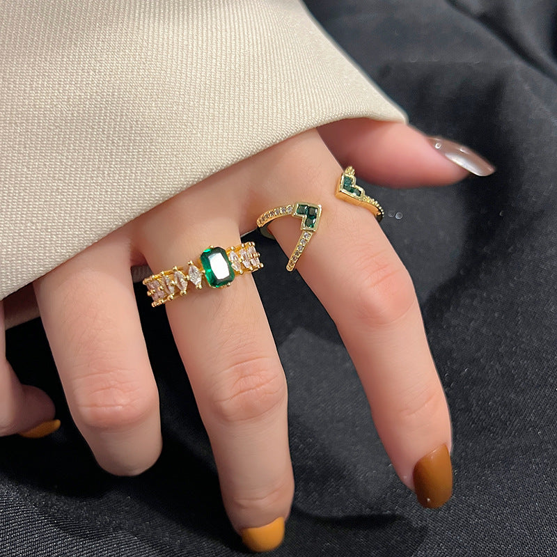 Fashion Retro Style Green Inlaid Zircon Female Simple Cold Rings