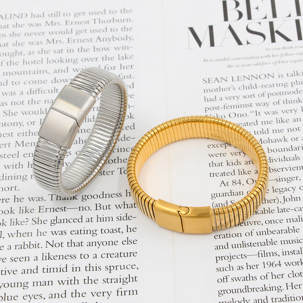 Decorative Stainless Steel Finishing Polish Magnetic Snap Elastic Wide Surface Bracelets
