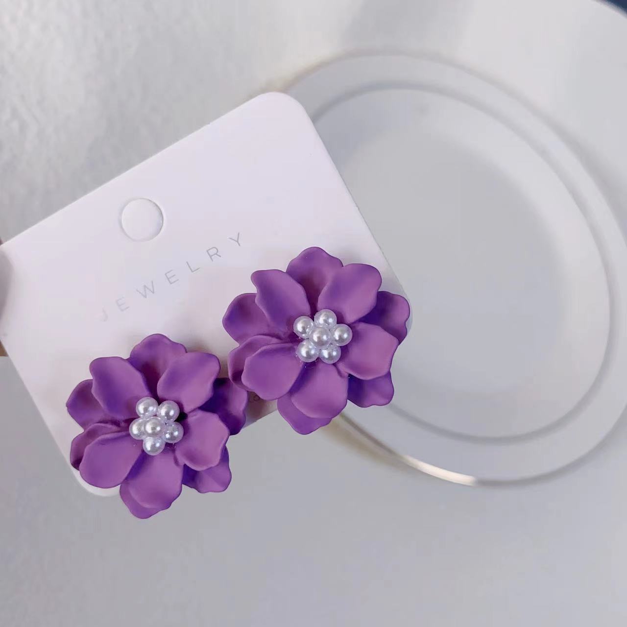 Sier Needle Korean Style Purple Resin Flower Design Light Luxury Rings