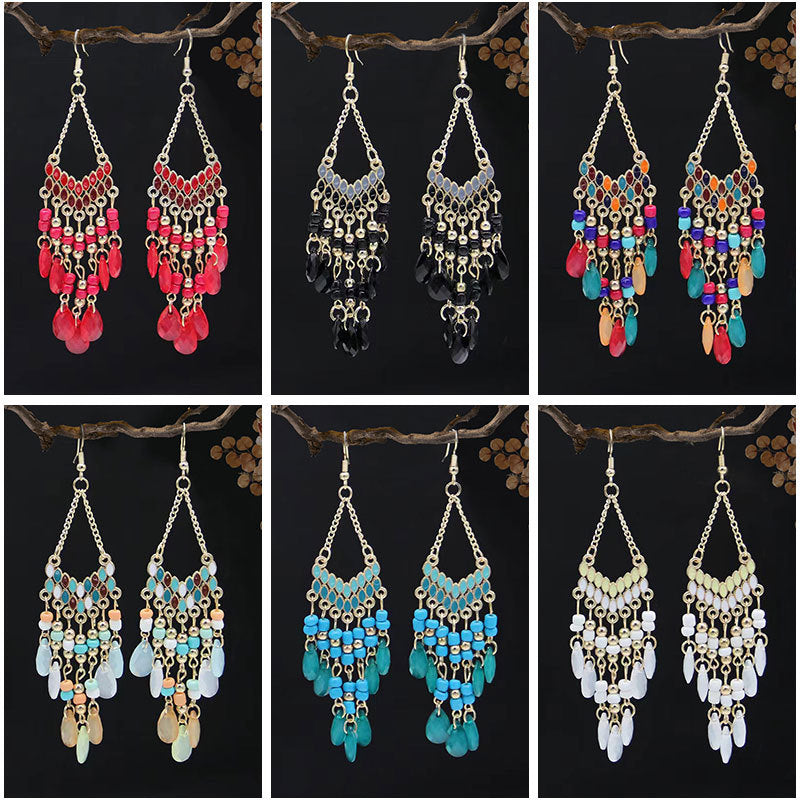 Ethnic Style High-grade Long Beaded Drop Tassel Bohemian Earrings