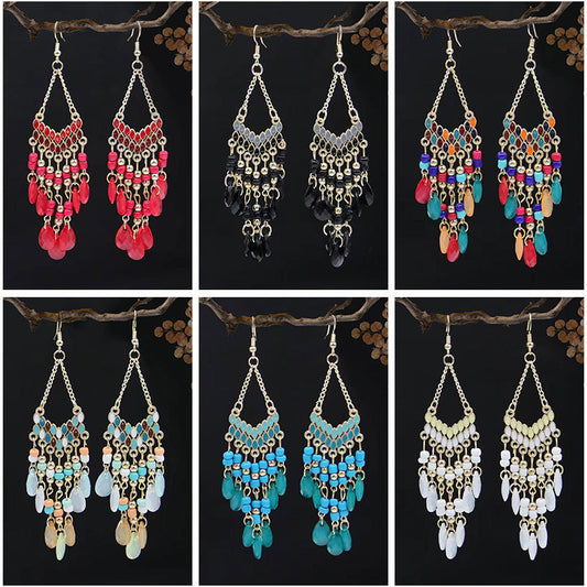 Ethnic Style High-grade Long Beaded Drop Tassel Bohemian Earrings