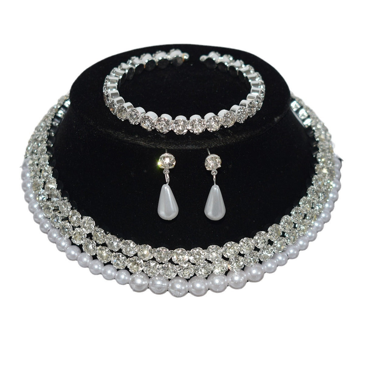 Pearl Diamond Collar Bridal Rhinestone Three-piece Jewelry Set