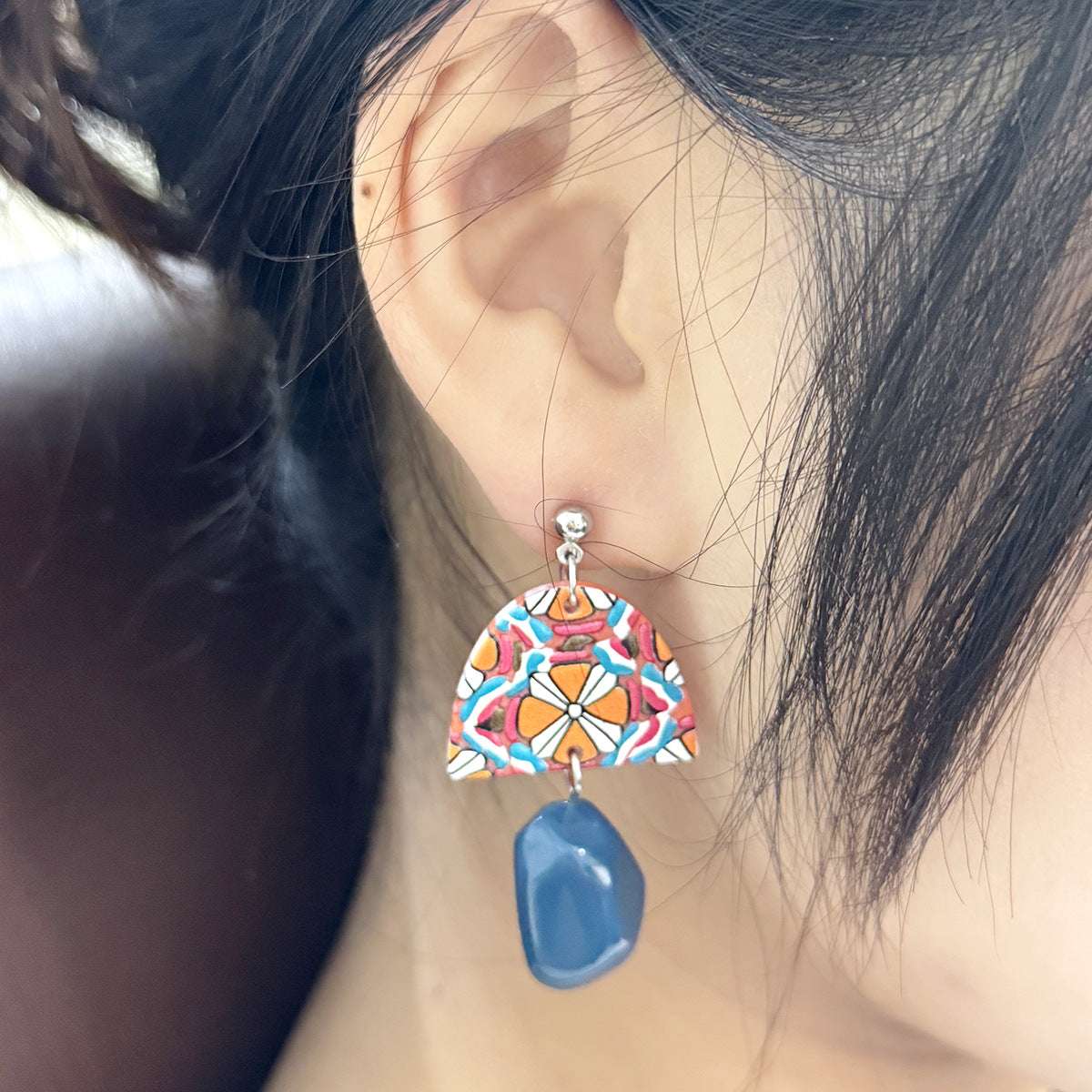 Blue Contrast Color Acrylic Irregular Geometric Personalized Long Eardrops Earrings