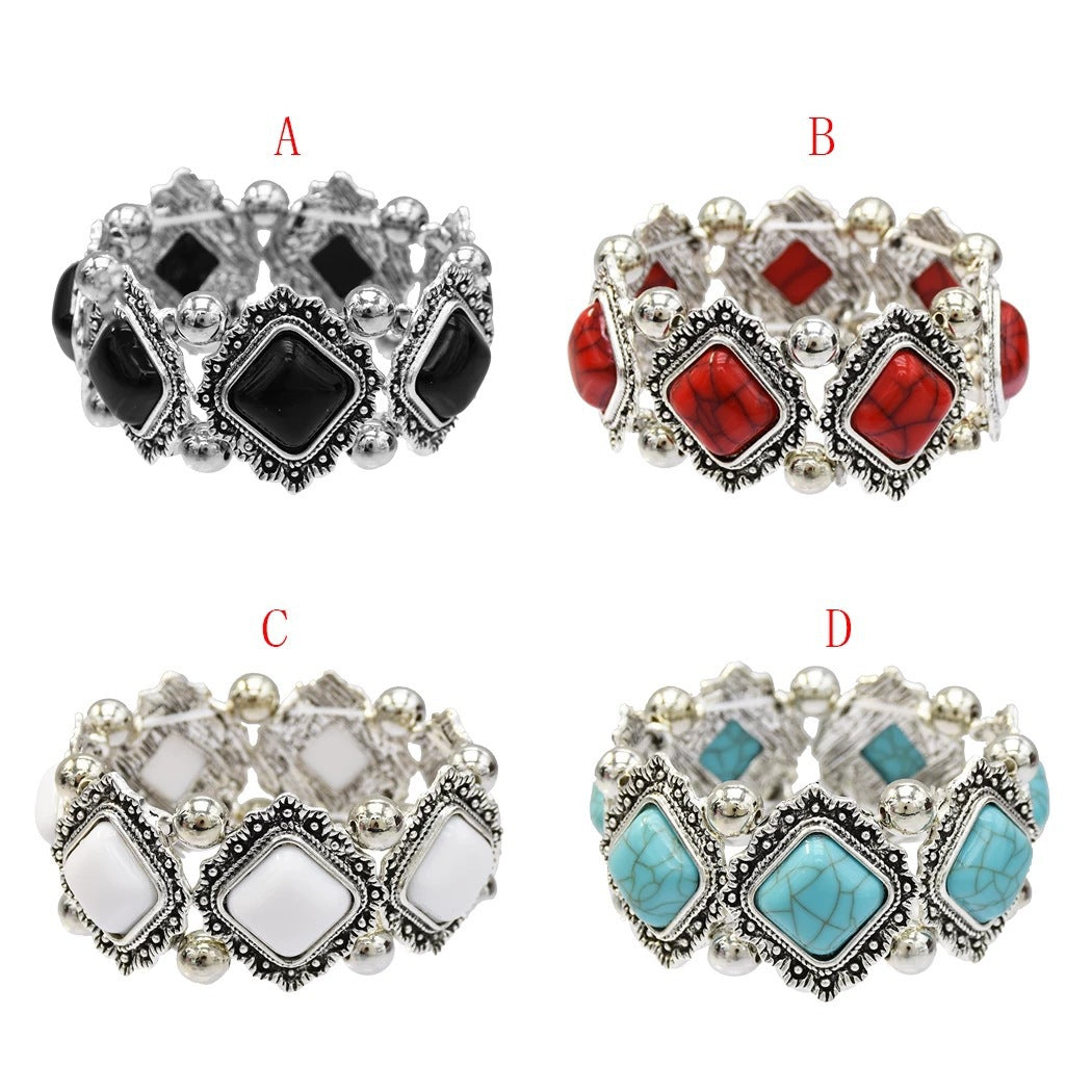 Fashion Retro Textured Hollow Inlaid Turquoise Bracelets
