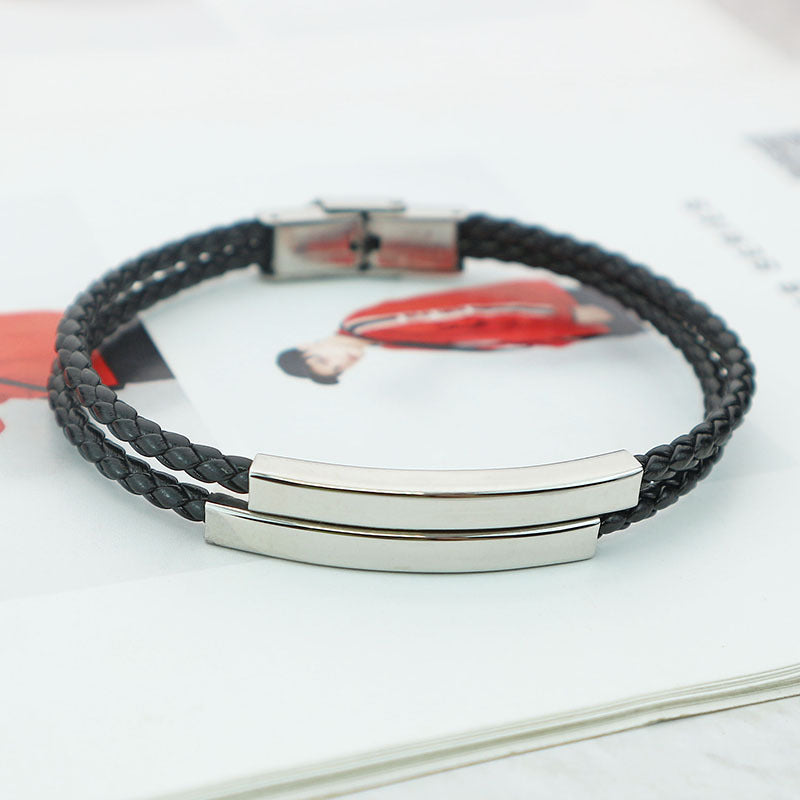 Woven Leather String Stainless Steel Couple Bracelets