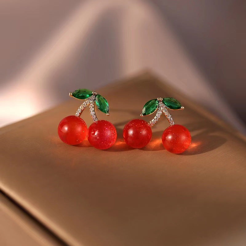 Sier Needle Red Cherry Fruit Starry Earrings