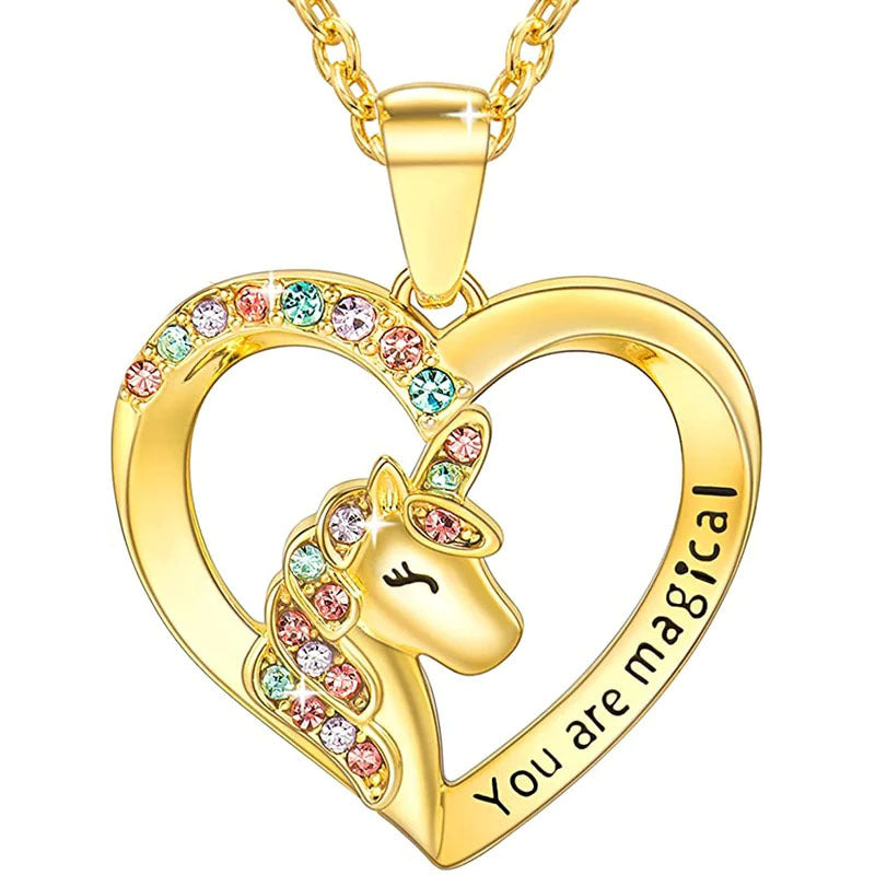 Brocade Unicorn Colorful Zircon Pendant Heart-shaped Necklaces