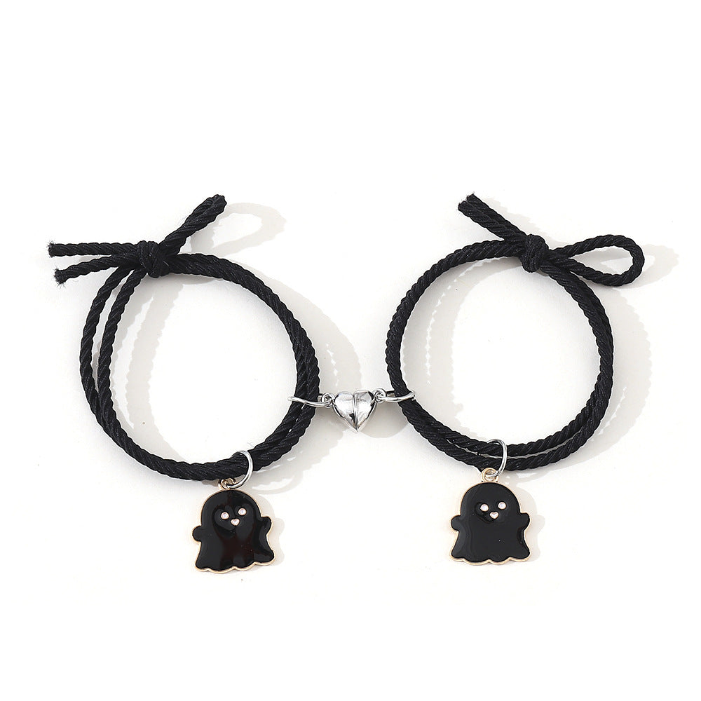 Women's & Men's & Cute Cartoon Love Magnet Suction Couple Pair Of Black Bracelets