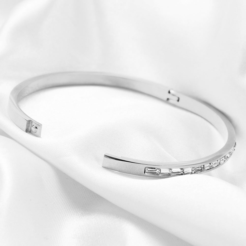 Simple Strip Inlaid Zirconium Stainless Steel Oval Open-ended Bracelet